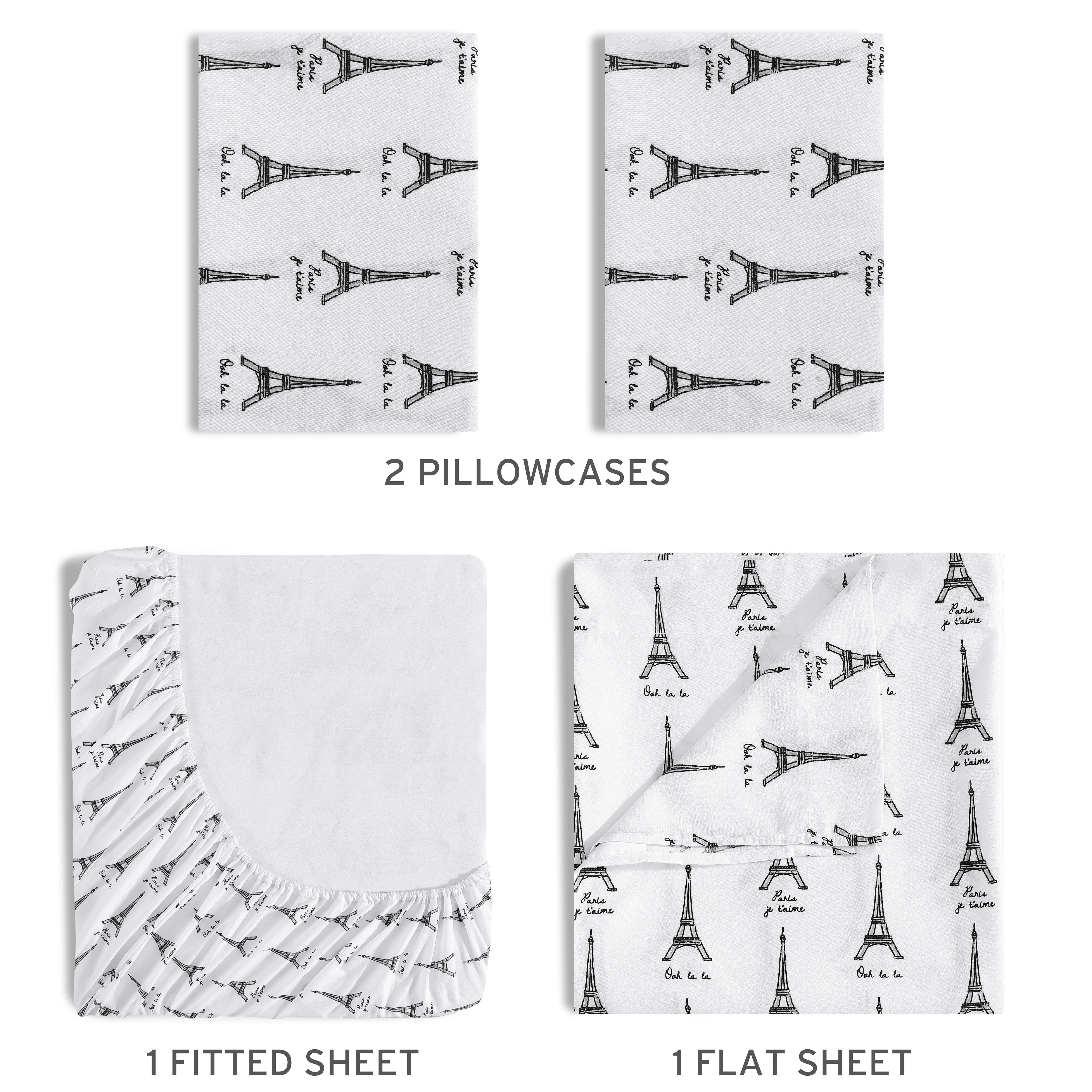 Beatrice Home Fashions, Whimsical Print 4PC Sheet Set, Full, Paris White