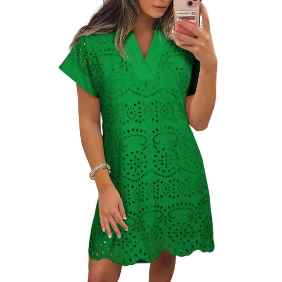 Women's Green Eyelet Embroidered Mini Dress – Casual Summer Style for Everyday Wear, XL