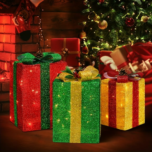 3-Pack Tall Rectangular Christmas Lighted Gift Boxes - 60 LED Lights | Indoor/Outdoor Yard/Porch Decor | Xmas Tree Skirt Ornament, Light-Up Gift Box Decor