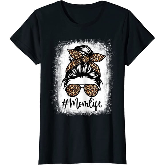 Women Mom Life Bleached Shirt Mom Life Leopard Messy Bun T-Shirt