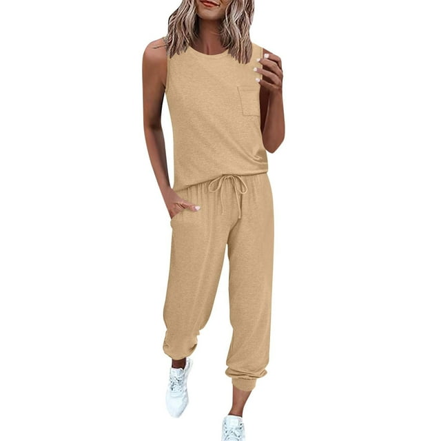 Summer Short Sleeve Tops for Women Solid Color Round Neck Sleeveless Pocket Top Elastic Waist Drawstring Pants