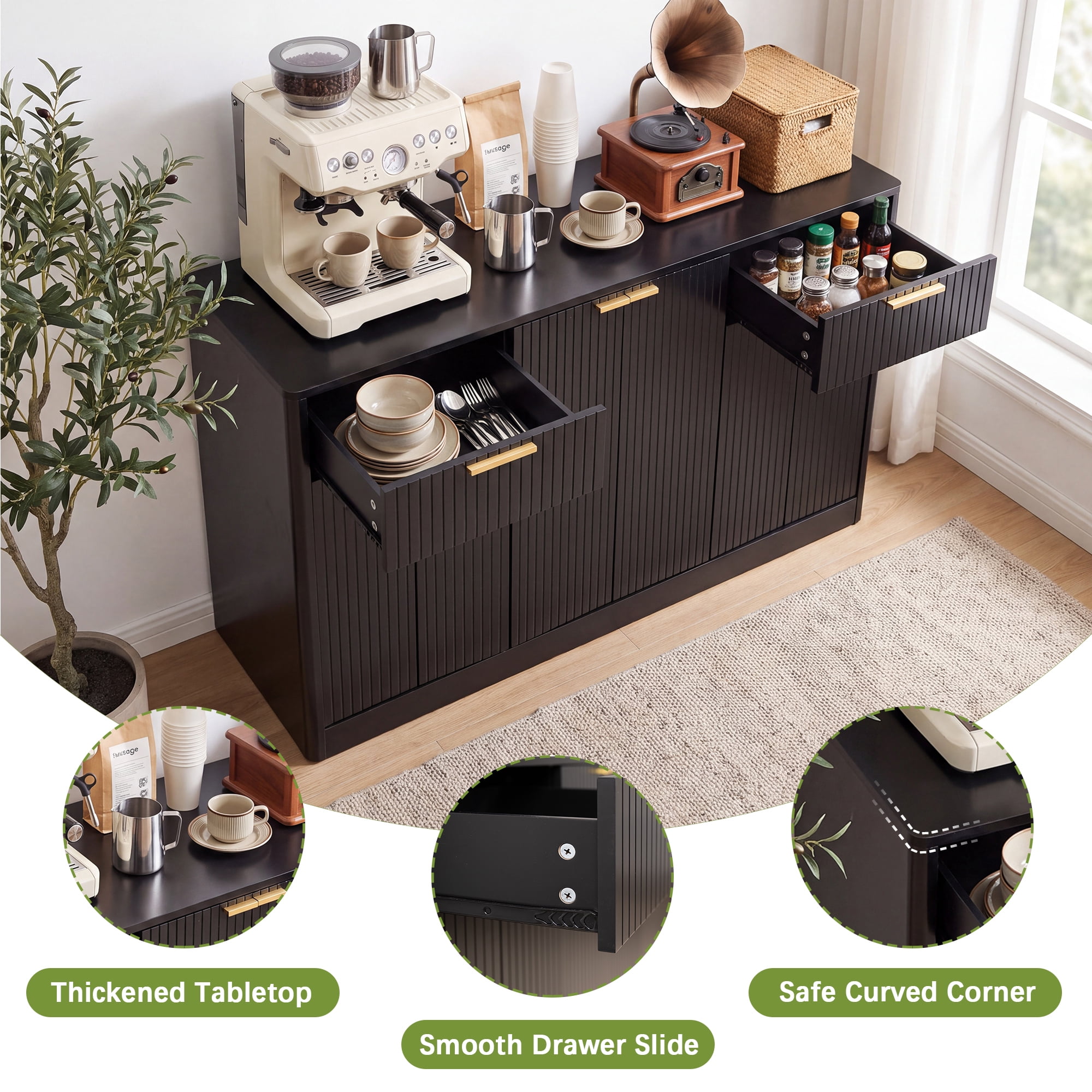 HOQBN 67" Fluted Buffet Sideboard, Modern Storage Cabinet with 6 Doors & 2 Drawers,Large Credenza for Dining Room,Living Room,Entryway,Black