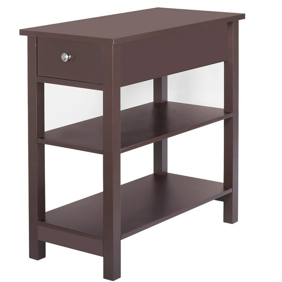 Favory 3 Tier Wood End Table Narrow Nightstand with Drawer and 2 Shelves, BedsideTable for Bedroom Living Room, Apartment Small Space, Brown