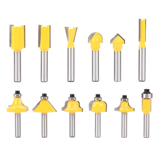 12 piezas de acero al carbono amarillo carpintería fresado 1/4 "vástago ranurador broca