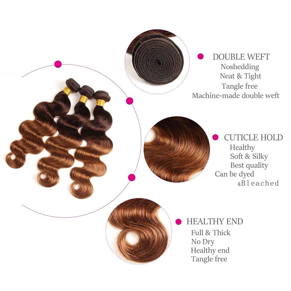 Ustar Two Tone Ombre T4/30 Body Wave Hair 3 Bundles with T-Part Lace Closure Middle Part 100% Unprocessed Brazilian Remy Virgin Hair Body Wave Human Hair Bundles 12"14"16" with Closure 12"