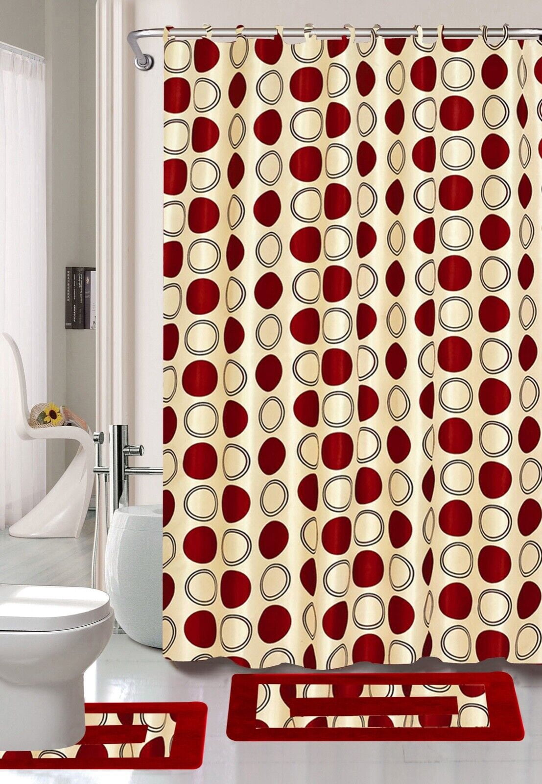 COMPLETE SET SHOWER CURTAIN W/HOOKS + BATHROOM MAT RUG NEW DESIGNS 15PC - Walmart.com