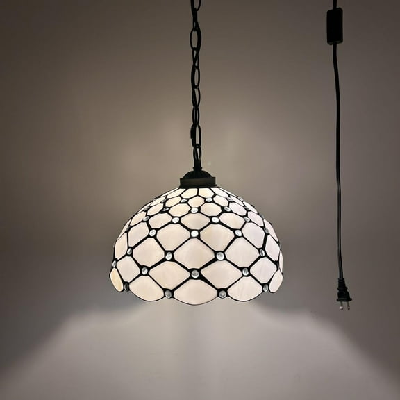Tiffany Pendant Lights Plug In White Stained Glass Crystal Beans LED Bulb Included for Dining Room 12"W*12"D*60"H