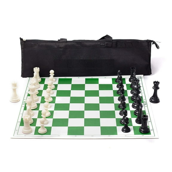 Chess Game 17'' X 17'' Tournament Chess Vinyl Foldable Chess Game With Solid Plastic Pieces - For Professional Chess Players | White & Green
