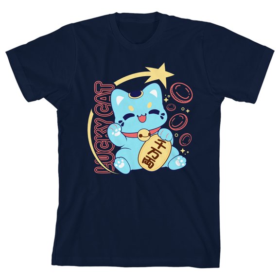 Tasty Peach Lucky Cat Boys Short Sleeve Tee for Kids-XL (14-16)