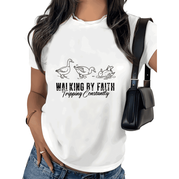 White S-5XL Walking By Faith Tripping Constantly Tshirt Pattern Tees Christian Humor Duck Fashion Summer Gift Tops