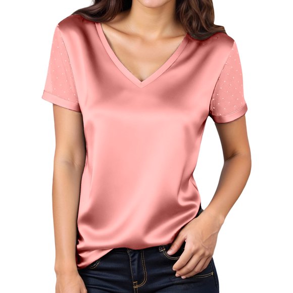 Summer Fashion Short Sleeve T Shirt With Mesh Yoke Casual Basic Top For Daily Wear