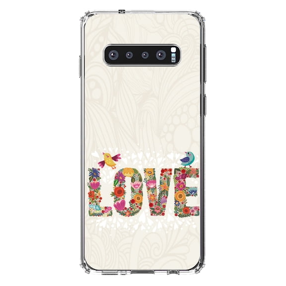 DistinctInk Clear Shockproof Hybrid Case for Samsung Galaxy S10 (6.1" Screen) - TPU Bumper, Acrylic Back, Tempered Glass Screen Protector - Spring Collection - Floral LOVE Birds