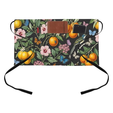 Pink Hibiscus Kitchen Restaurant Half Waist Apron Tropical Plant Tropical Citrus Butterfly Green Leaf Server Short Apron with 3 Pockets Waterproof Oil Waist Aprons for Women Waitress Waiter