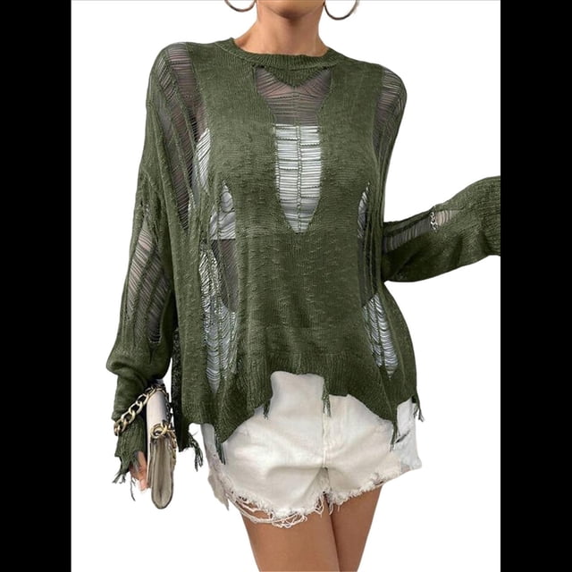 Suéter de Crochet Calado para Mujer, Top de Larga de Punto Roto, Ropa Gótica para Conciertos Verde M