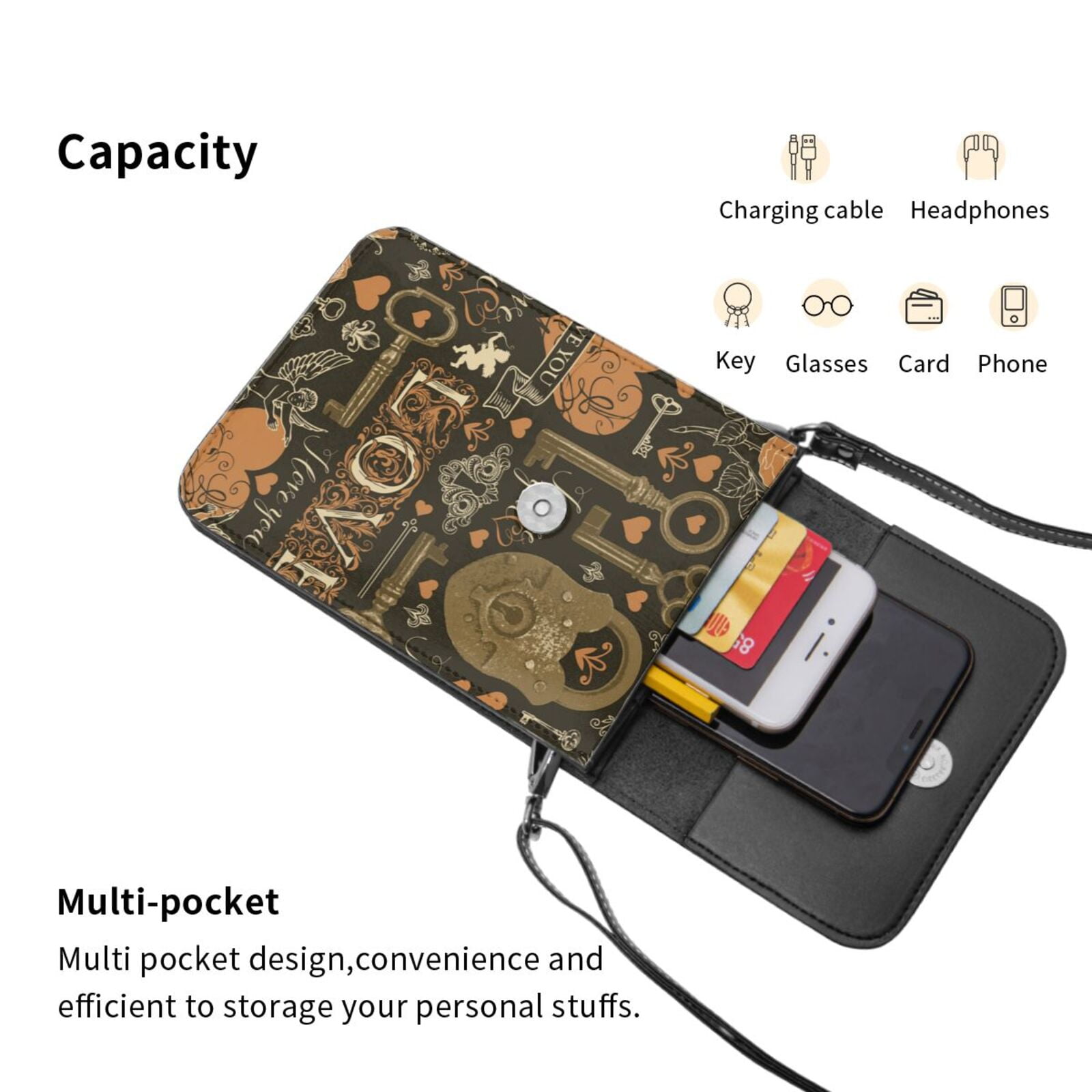 Love Hearts Old Keys Vintage Cell Phone Purse Small Crossbody Bag with Strap Credit Card Slots Leather Shoulder Wallet for Women
