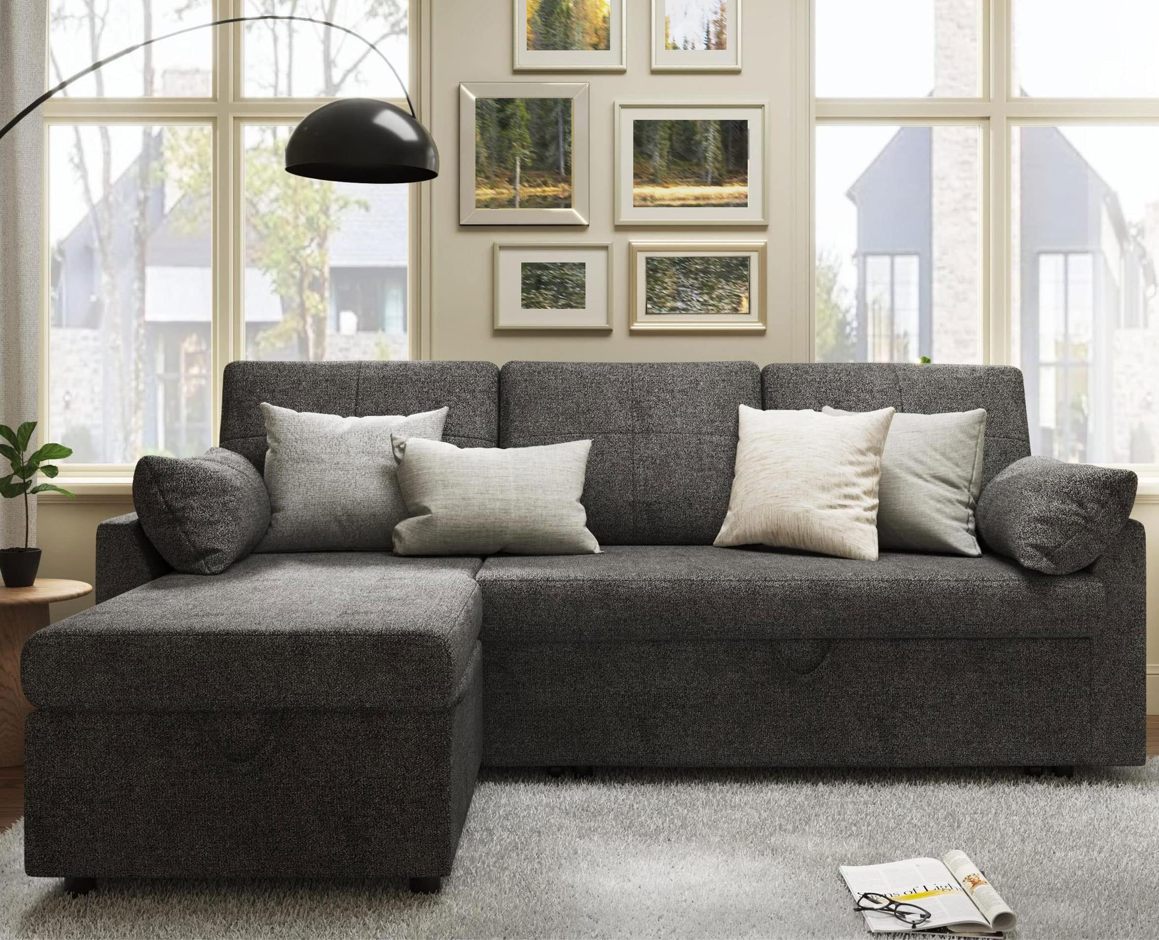 VANACC Sleeper Sofa with Storage Chaise-2 in 1 Pull Out Couch Bed for Living Room, Sectional Couch,Gray