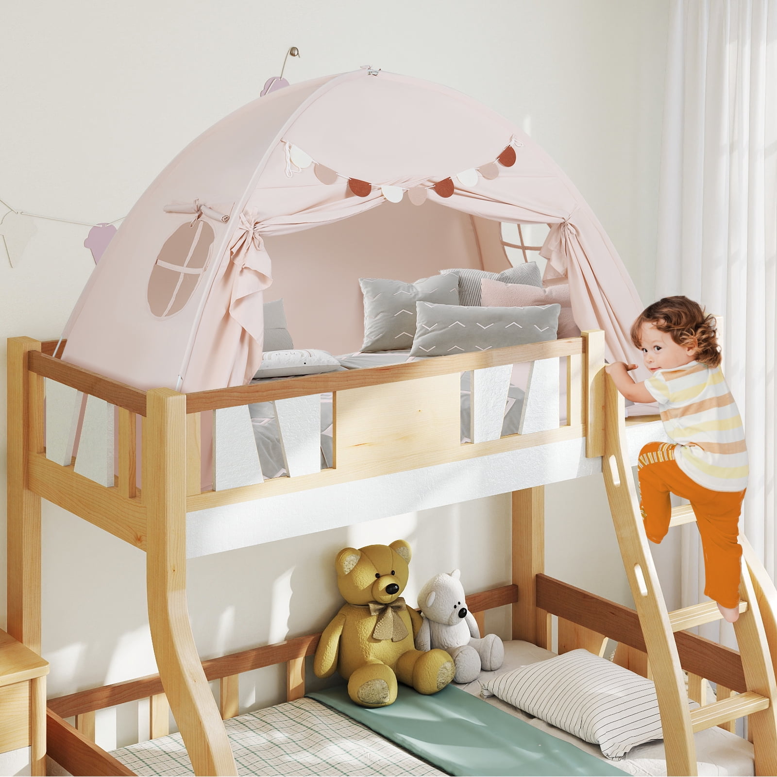 Gymax Twin Full Size Bed Tent w/2 Windows Flags for Boys & Girls Aged 3+ Years Old Beige