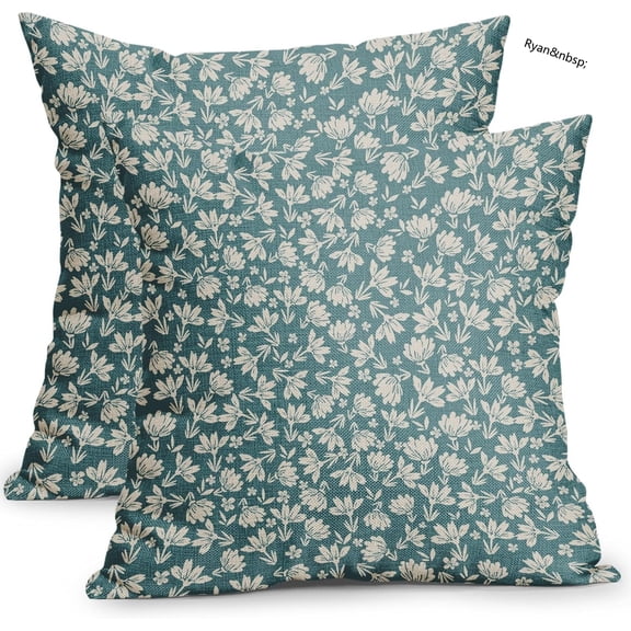 Ryan Vintage Floral Pillow Covers 16x16 Inch Set of 2, Dark Teal and Cream Rustic Flower Throw Pillows, Teal Small Floral Print Farmhouse Cotton Linen Cushion Cover for Couch