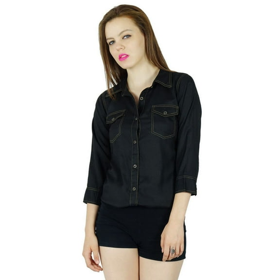 Bimba Women Black custom Shirt Casual Top 3/4 Sleeve Formal Button Down Blouse