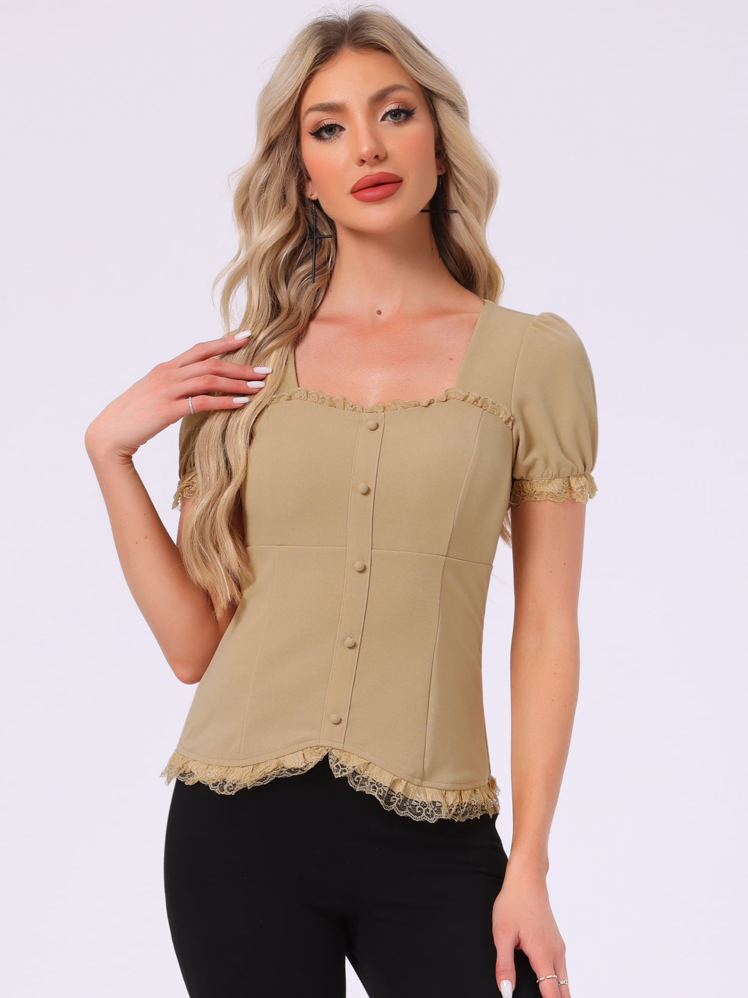 DARING DIVA Sweetheart Neck Puff Sleeve Lace-up Blouse XS Khaki