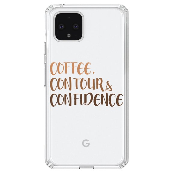 DistinctInk Clear Shockproof Hybrid Case for Google Pixel 4 XL (6.3" Screen) - TPU Bumper Acrylic Back Tempered Glass Screen Protector - Coffee Contour & Confidence