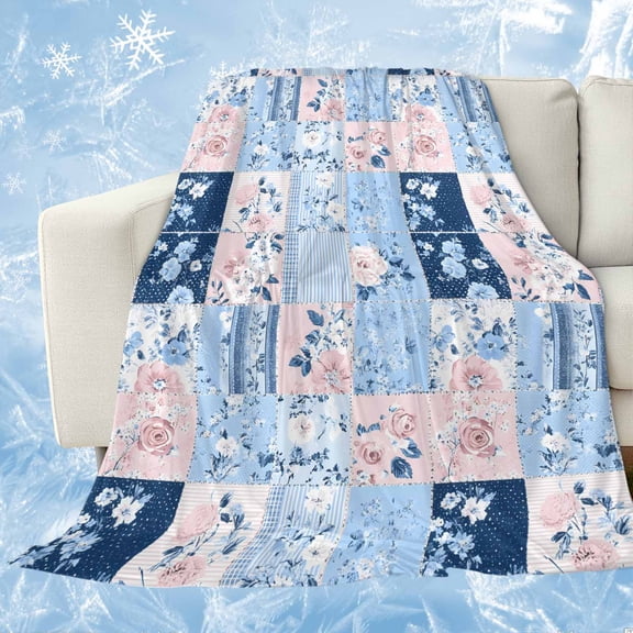 Pink Floral Blue Cooling Blanket,Lightweight Breathable Summer Throw Blanket with Double Sided Cold Effect,Farmhouse Botanical Vintage Leaves Picnic Blankets Bed Sheet for Hot Sleepers 40"x60"