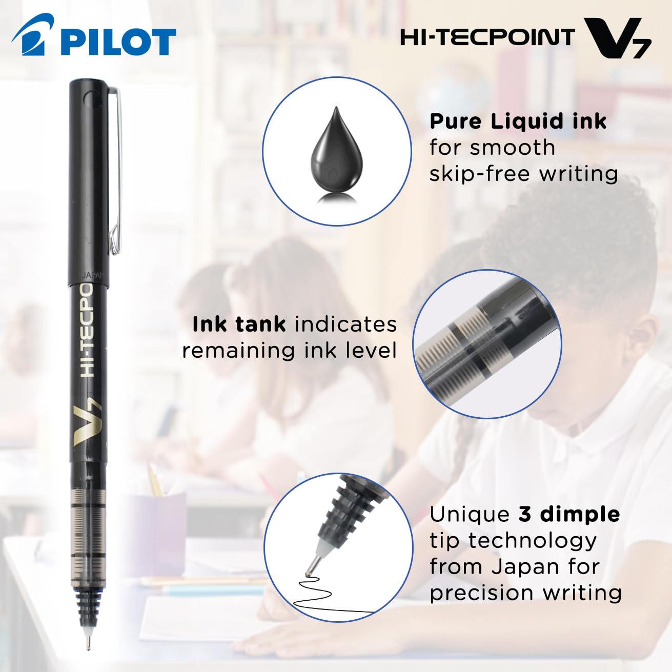 Pilot V7 Liquid Ink Roller Ball Black Pen (Pack of 12)