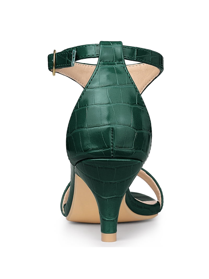 Blissful Step Women's Shoes T-Strap Embossed Kitten Heel Buckle Closure Open Toe Dress Sandals Dark Green 6