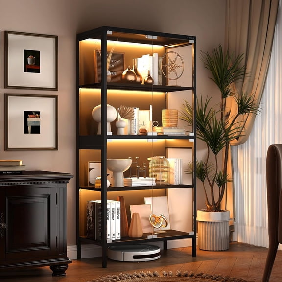 FFVVGH 5 Color Glass Display Cabinet, 4 Tier Display Case, Display Cabinet with Glass Doors (16" D x 35.4" W x 65" H)