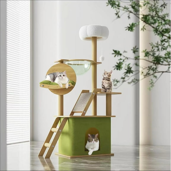 Mekidulu 59 Inch Modern Wooden Cat Tree Condo Tower for Large/Multiple Cats - 6-Level Furniture-Grade Design with Natural Sisal Scratching Post & Fresh Green Beds