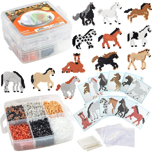 SCS Direct 4,000pc Fuse Bead Horses w Carrier CASE -10 Colors, 12 Unique Templates, 2 Peg Boards,Tweezers, Melt Iron Paper- Bulk Art Craft Project, Kids Birthday Party Gift, School Activity