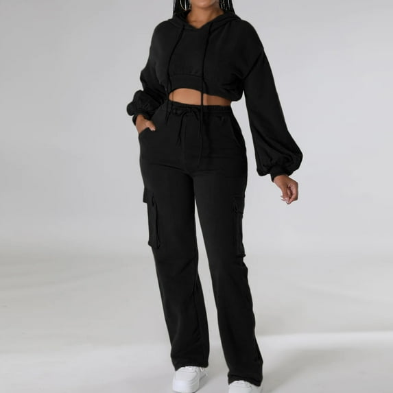 qolati Tow Piece Outfits for Women 2023 Casual Long Sleeve Cropped Sweatsuit with Jogger Sweatpants Lounge Sets Y2k Hooded Tracksuit with Pockets