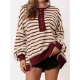 thumbnail image 3 of PRETTYGARDEN Womens Fall Striped Oversized Sweatshirt Long Sleeve Button Up Henley Neck Waffle Knit Pullover Tunic Tops, 3 of 7
