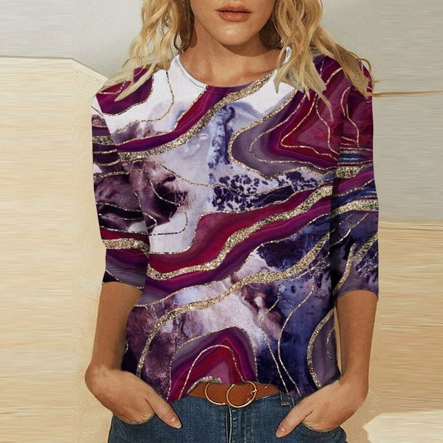 Hauts Décontractés pour Femmes Mode T-shirt Imprimé Ample Manches 3/4 Blouse Col Rond Hauts Décontractés Hauts d'Été pour Femmes 2023 Liquidation en Liquidation