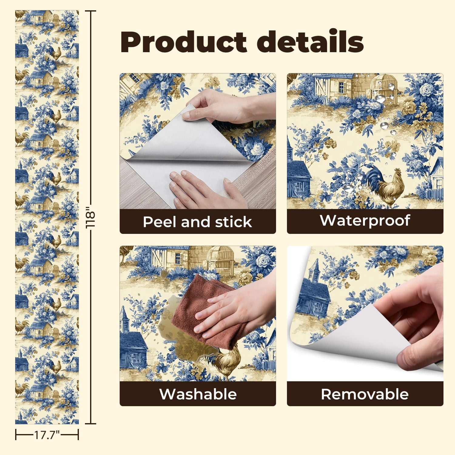 Peel and Stick Wallpaper 17.7in x 9.8ft Farmhouse Toile Roosters Cottages Blue Floral Motifs Contact Paper Vinyl Self-Adhesive Removable Wall Paper for Bedroom Kitchen Cabinet Renter Friendly