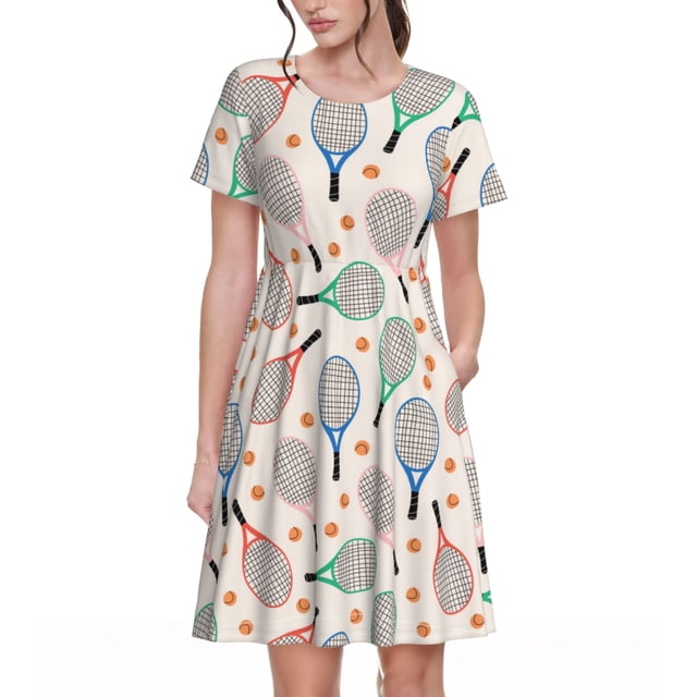 Balery Cute Tennis Racket Vestidos sueltos de manga corta para mujer, vestidos de verano 2025, vestidos casuales de corte A con vuelo.