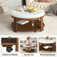 thumbnail image 4 of Modern Large Round Ottoman Coffee Table with 2-Tier Storage,Button Tufted Upholstery, Waterproof Linen Fabric,Wood Shelf, Wheels,White, 4 of 8