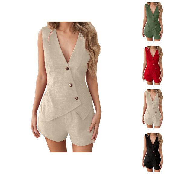 Short Sets for Women Sleeveless V Neck Button Vest and Shorts 2 Piece Matching Set Business Casual Blazers Work Sets