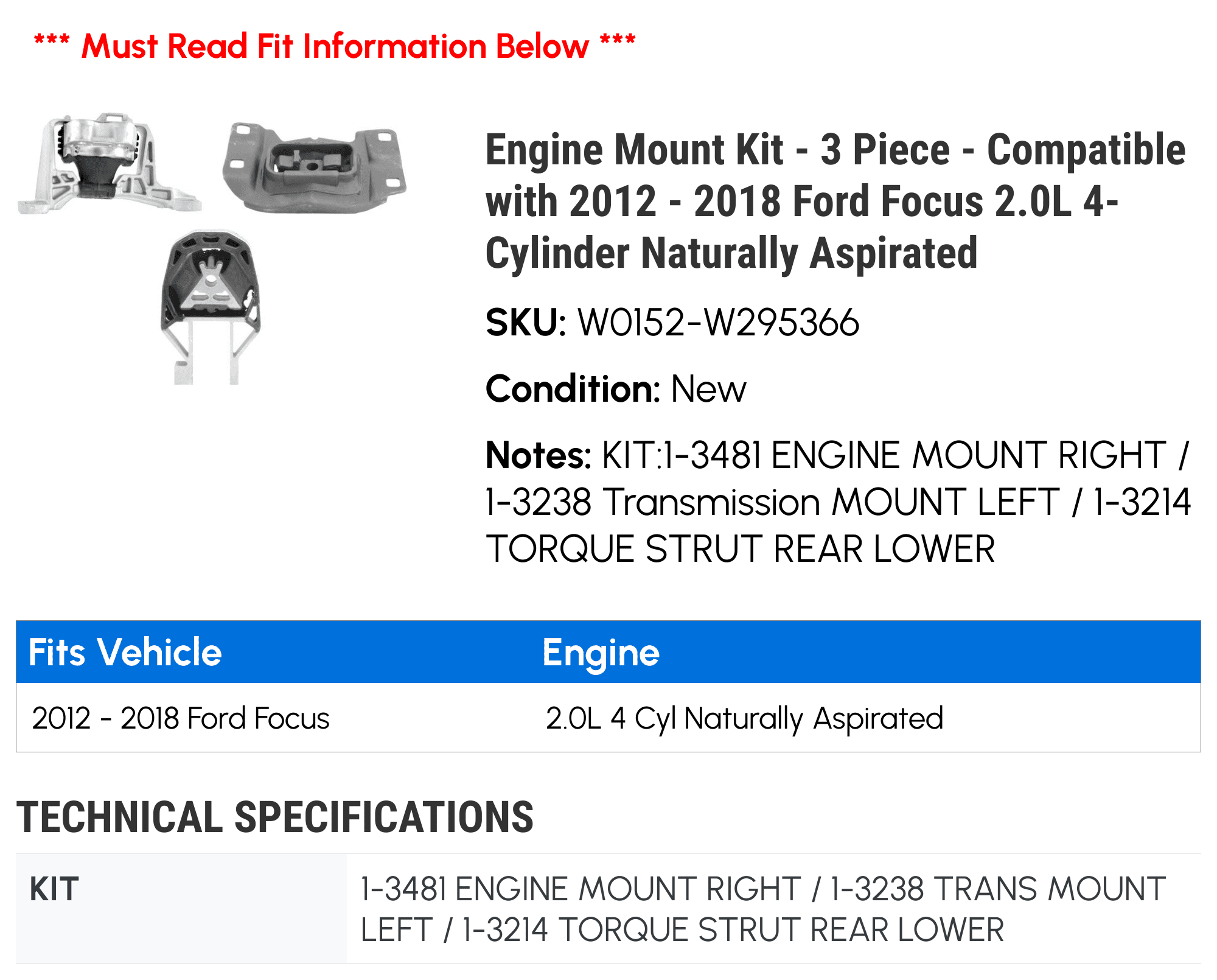 Engine Mount Kit - 3 Piece - Compatible with 2012 - 2018 Ford Focus 2.0L 4-Cylinder Naturally Aspirated 2013 2014 2015 2016 2017