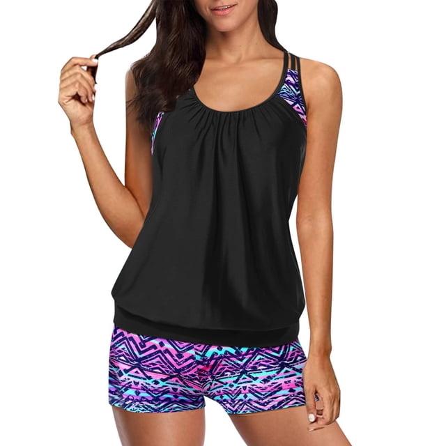 Trajes de baño Tankini Prolriy para mujer, dos trajes de baño tankini con espalda en T y pantalones cortos tipo blusón, trajes de baño deportivos para mujer, trajes de baño morados XXXL
