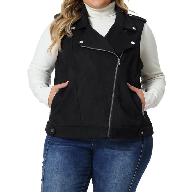 Chalecos de ante sintético para mujer de tallas grandes Agnes Orinda para invierno, chaleco de motocicleta con solapa y cremallera, color negro 2X