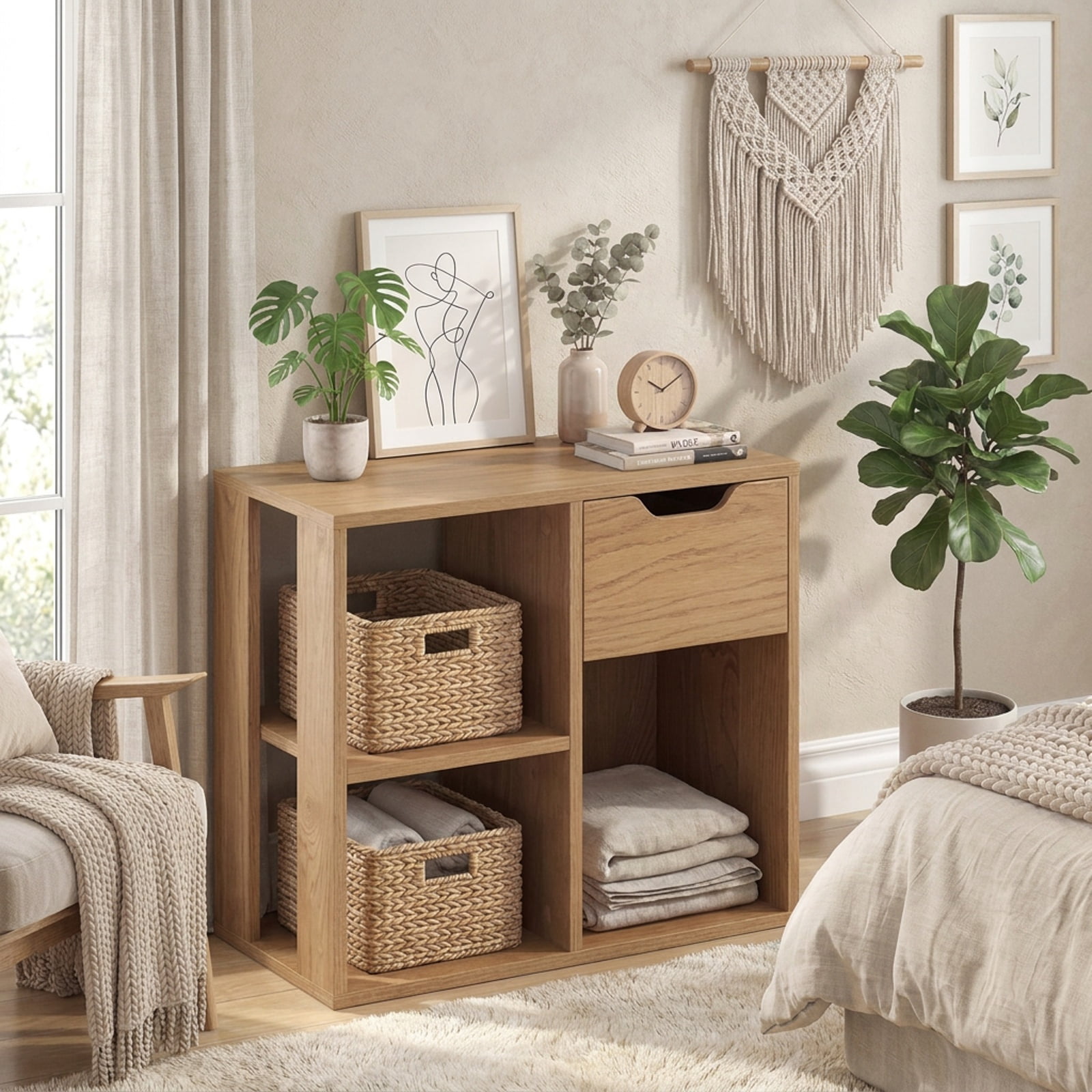 Furnibear 3-Cube Bookcase 2-tier Wooden Storage Shelf with Pull-out Drawer for Living Room Home Office Bedroom Display Storage Shelf, Natural