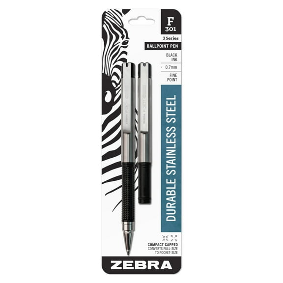 F-301 Compact Ballpoint Stainless Steel Retractable Pen, Fine Point, 0.7mm, Black Ink, 2-Count