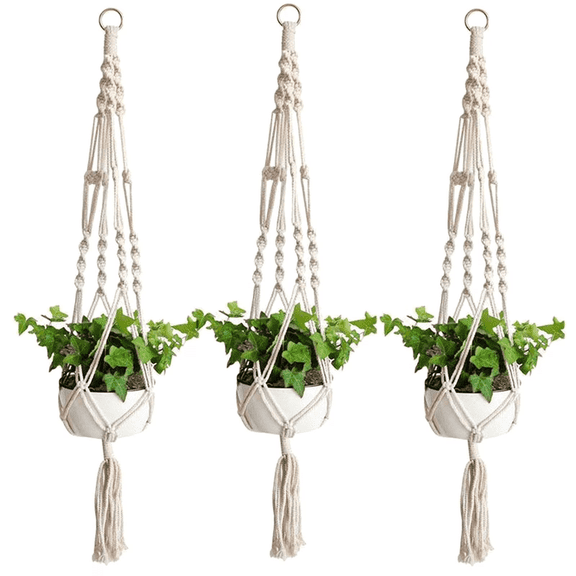 3 Pack White Macrame Plant Hangers, 4 Leg 40 Inch Cotton Rope Hanging Flower Pot Holder, Indoor Outdoor Home Boho Decor Plant Basket