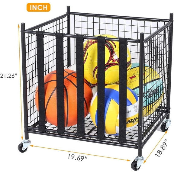 Sports Storage Rolling Cart with Basket and Hooks for Garages, Playgroups, Gyms, Black