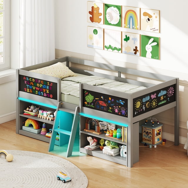 Gymax Low Loft Bed Twin Size Wooden Bed Frame Kid's Cabin Bed w/ Bookcases Grey