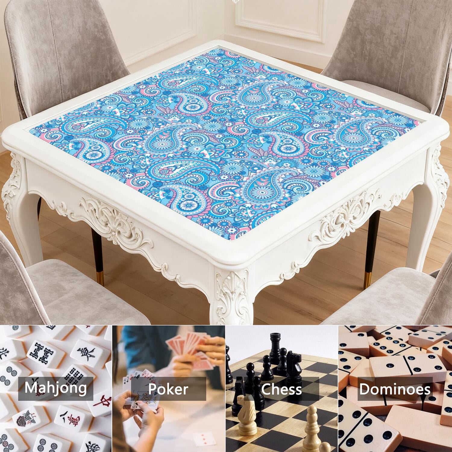 Classic Boho Style Multi-Purpose Game Mat 31.5x31.5 Inch Rubber Surface for Mahjong with Anti-Slip Backing and Noise Dampening for Game Room Activities