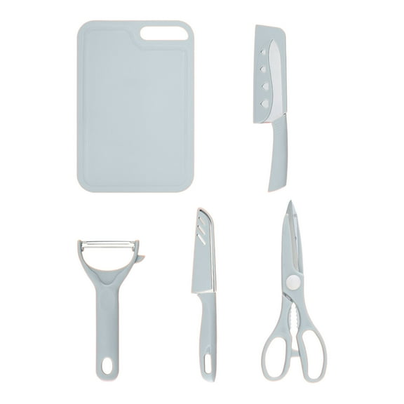 Travel Cutting Board Set, 5 Pcs Portable Mini Camping Plastic Cutting Board Set & 2 Stainless Steel Knife with Sheath, Fruits & Vegetable Peeler Scissors (Blue)