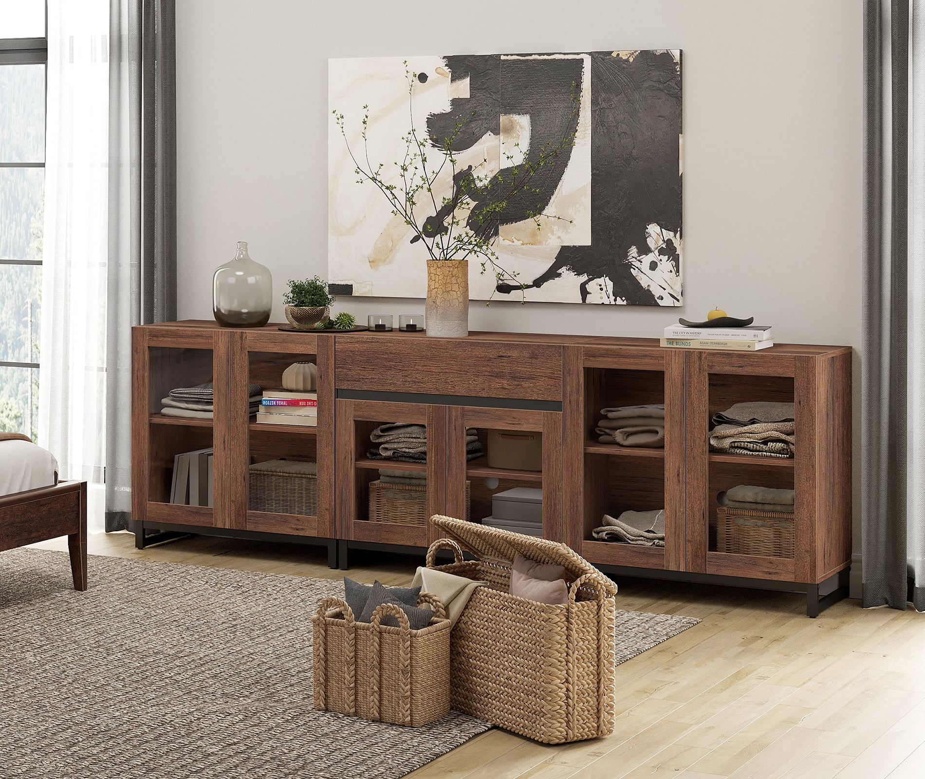 3 In 1 Modern Dresser with Glass Doors, Adjustable Shelves and Drawer, Metal Base Storage Cabinet, Multifunctional Chest Of Drawers for Bedroom Home Storage,Brown