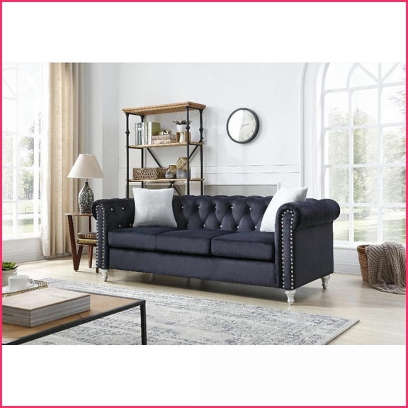 Raisa Black Micro Suede Velvet Sofa with Faux Jeweled Tufting – Classic Living Room Accent